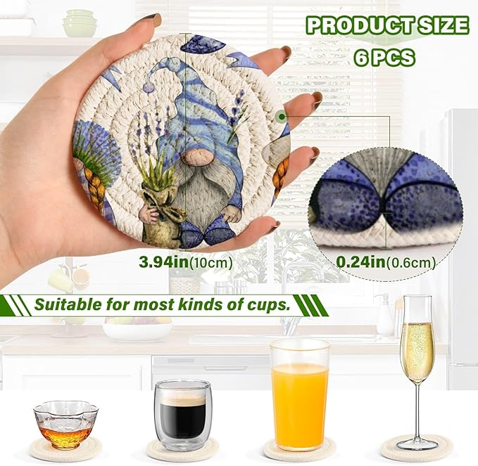 Lavender Gnome Drink Coasters With Holder - Set of 6 Absorbent Decorative Bar Coasters - Cotton Woven for Coffee Table Protection