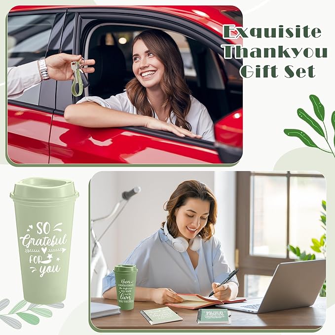 Skylety 12 Set/ 48 Pcs Employee Appreciation Gifts Bulk Thank You Inspirational Gift Set 16 oz Coffee Cups with Thank You Notebook Pen Keychain for Staff Team Teacher Coworker Friend (Green Gradient)