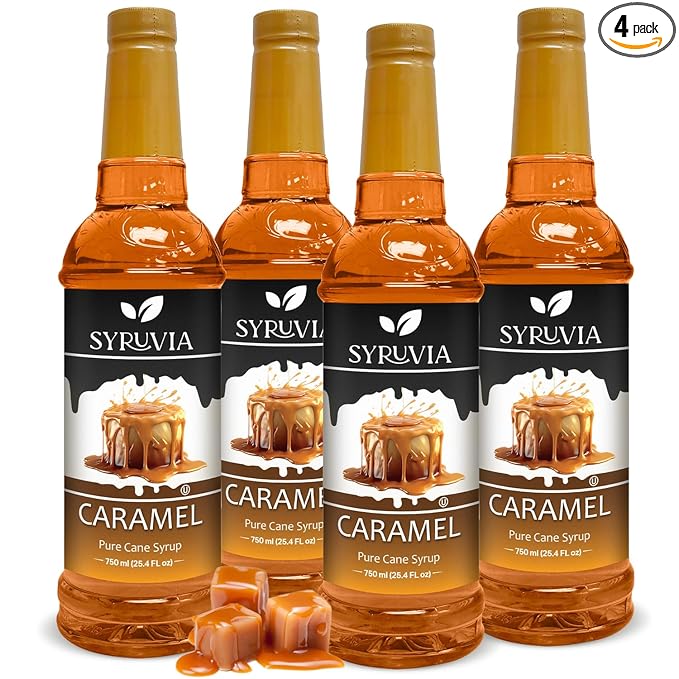 Syruvia 4 Pack Caramel Syrup for Coffee – Rich Caramel Coffee Syrup Flavor, 25.4 fl oz, Kosher, Gluten Free, Ideal for Caramel-Infused Coffee & Drinks, Desserts, and More, No Coloring,