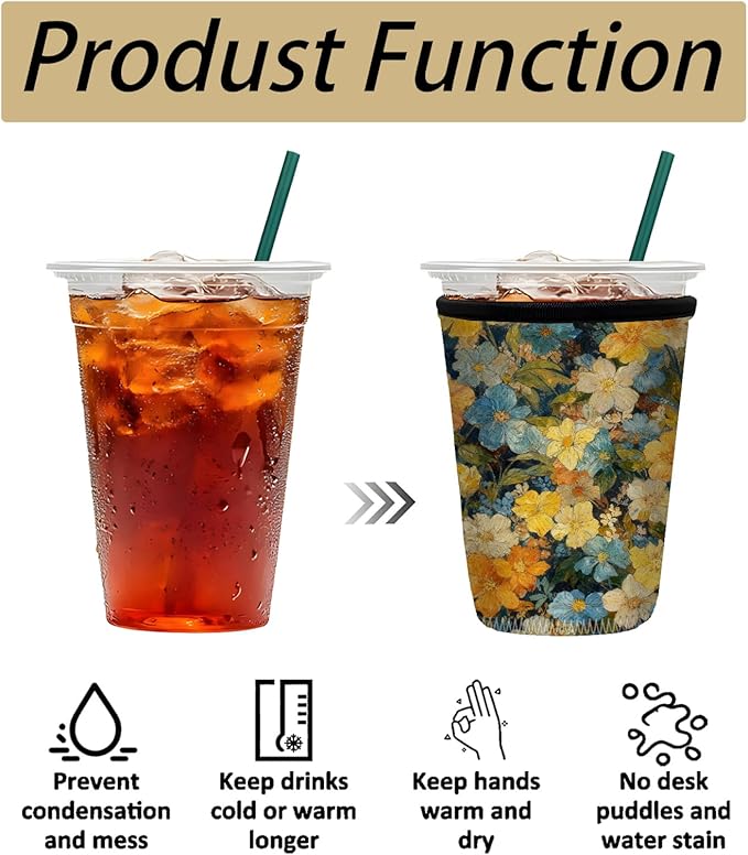 Neoprene Iced Coffee Sleeve 3 Pack, Reusable Insulated Cup Holder with Vintage Oil Painting Floral Pattern, Fits 16–32 oz Tumblers, Compatible with Starbucks & Dunkin