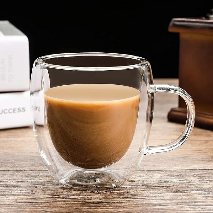 8 oz Double Walled Glass Coffee Mugs, Clear Glass Mug Set of 4, Insulated Borosilicate Glass Coffee Cups with Handle, Espresso Mugs for Cappuccino, Latte, Tea, Hot/Cold Drink