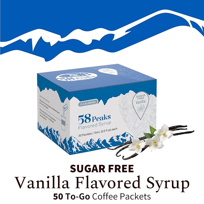 58Peaks Sugar-Free Vanilla Syrup Sweetener Packets for Hot and Cold Drinks | To-Go Syrup Flavoring Perfect for Coffee, Tea, Milkshakes and More | Flavored Coffee Syrups for Travel | 15mL | 50-Pack