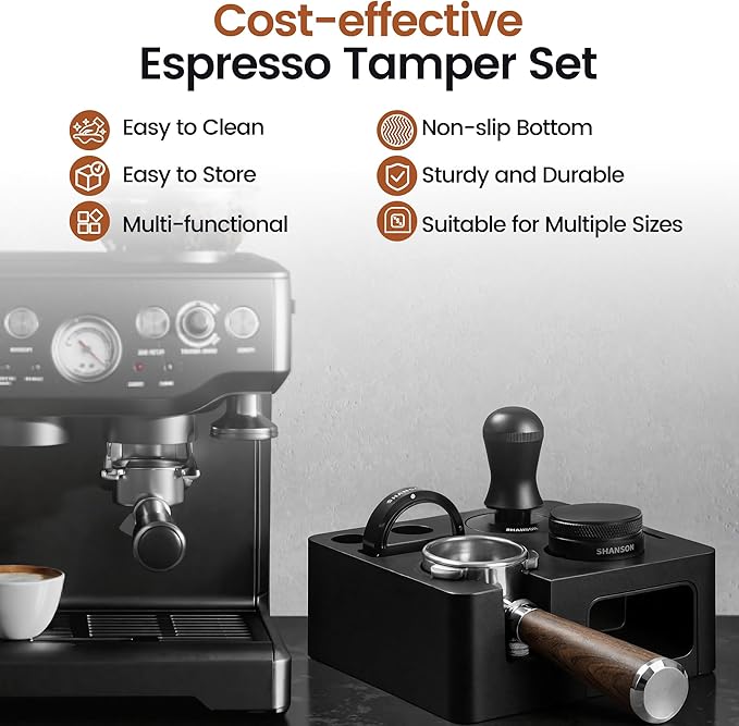 ShanSon Espresso Accessories Kit,7-in-1 51mm Compact Espresso Tamper Set: Espresso Tamper, Distributor, Bottomless Portafilter, Dosing Funnel,Station