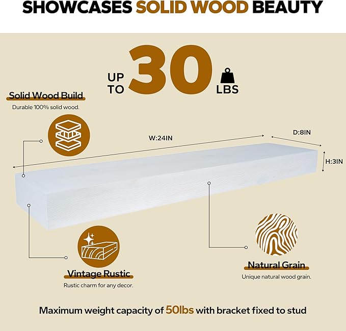 Floating Shelves 3 inch Thick for Wall Set of 2,Solid Pine Wood Wall Mount Shelf for Kitchen Living Room Bedroom Bathroom,8" D x 24" L x 3" H-White