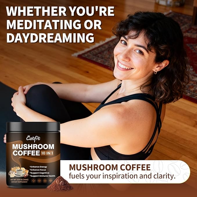 Catfit Instant Mushroom Coffee Powder, 10-in-1 Adaptogen Blend with Lion's Mane, Chaga & Cordyceps for Energy, Focus, Gut Health & Immune Support - 320g, 100 Servings