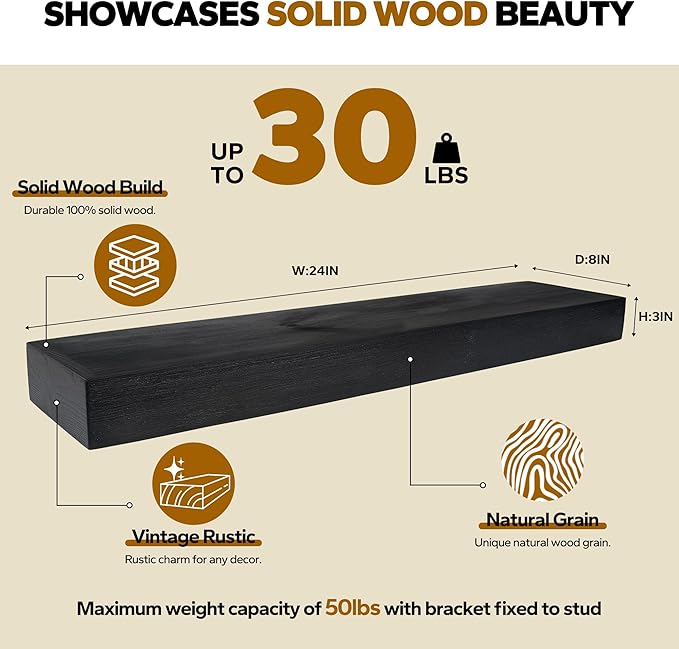 Floating Shelves 3 inch Thick for Wall Set of 2,Solid Pine Wood Wall Mount Shelf for Kitchen Living Room Bedroom Bathroom,8" D x 24" L x 3" H-Black