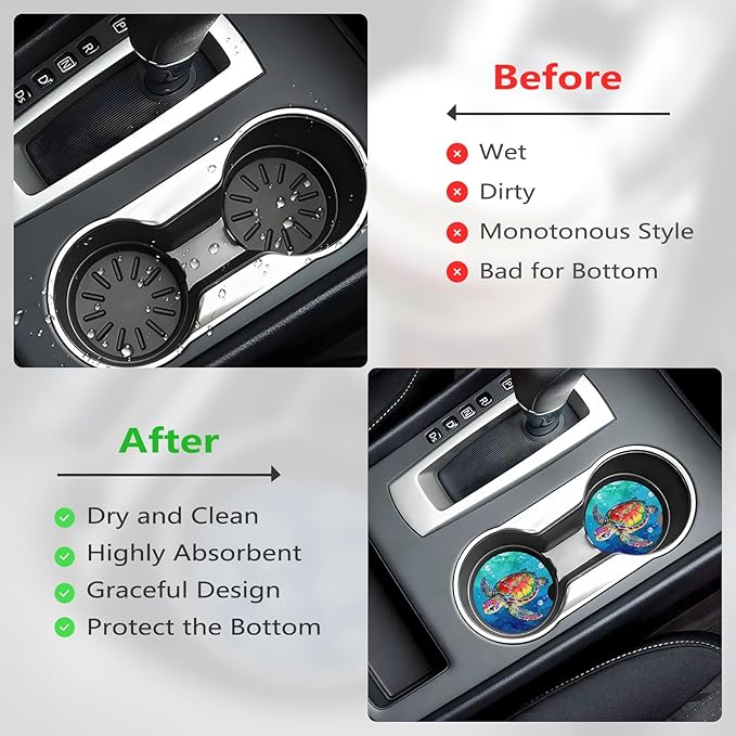 Car Cup Holder Coasters, 2 Pcs Ceramic Coasters with Finger Slot and Cork Back, Anti-Slip Shock Absorbing Women and Men Universal Car Accessories - Colorful Sea Turtle