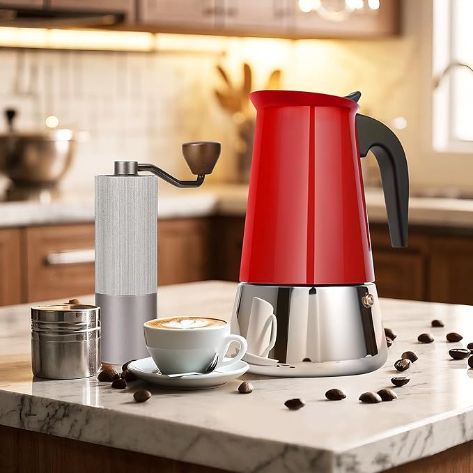 Suiitat Moka Pot, 9 Cups (15.9 oz) Stovetop Espresso Maker, 304 Stainless Steel Moka Pot, Induction Compatible, Red
