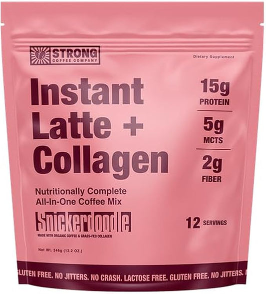 Strong Coffee Co. Snickerdoodle Instant Latte | Organic Coffee with 15g Collagen Protein | Lion’s Mane & L-Theanine | Nootropic Instant Coffee | 12 Servings