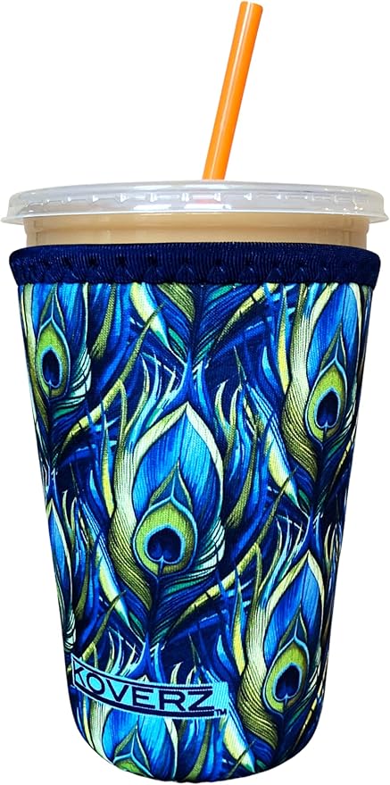 Koverz Iced Coffee Sleeve, Insulated Neoprene Cup Sleeve, Fits a 24 Oz. Coffee Cup, Washable and Reusable, Iced Coffee Accessories, Medium Peacock