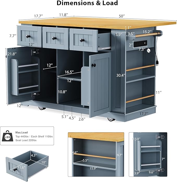 Rolling Kitchen Island with Drop Leaf & Power Outlet, Large Kitchen Islands Cart on Wheels, Movable Kitchen Island with 5 Open Storage Shelves & Towel Rack for Kitchen, Dining Room, 53-Inch, Grey Blue