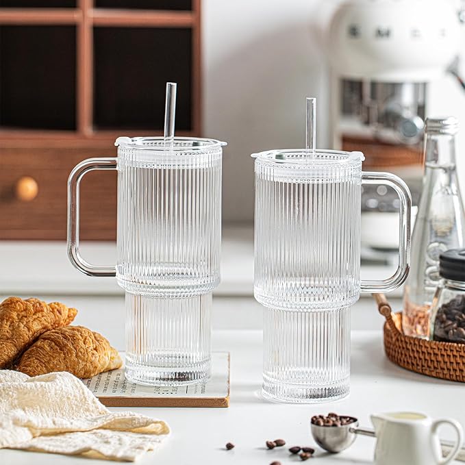 INSETLAN 26oz Ribbed Glass Tumbler with Handle & Lid – 2-Pack Large Iced Coffee Cups with Straws, Modern Glass Mug for Cold & Hot Beverages, Aesthetic Travel Cup for Smoothies, Tea, and Juice