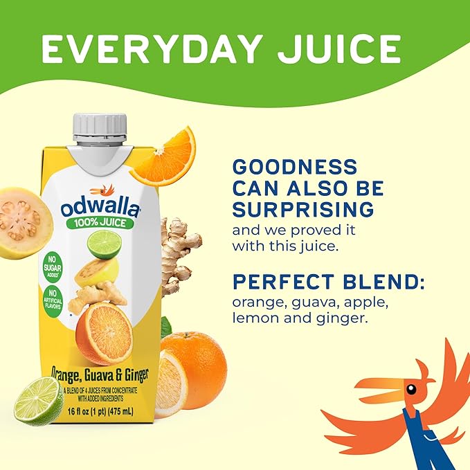 Odwalla Orange, Guava, Ginger Juice – Natural Ingredients, No Added Sugar, No Artificial Flavors or Colors - 16 oz (12 Pack)