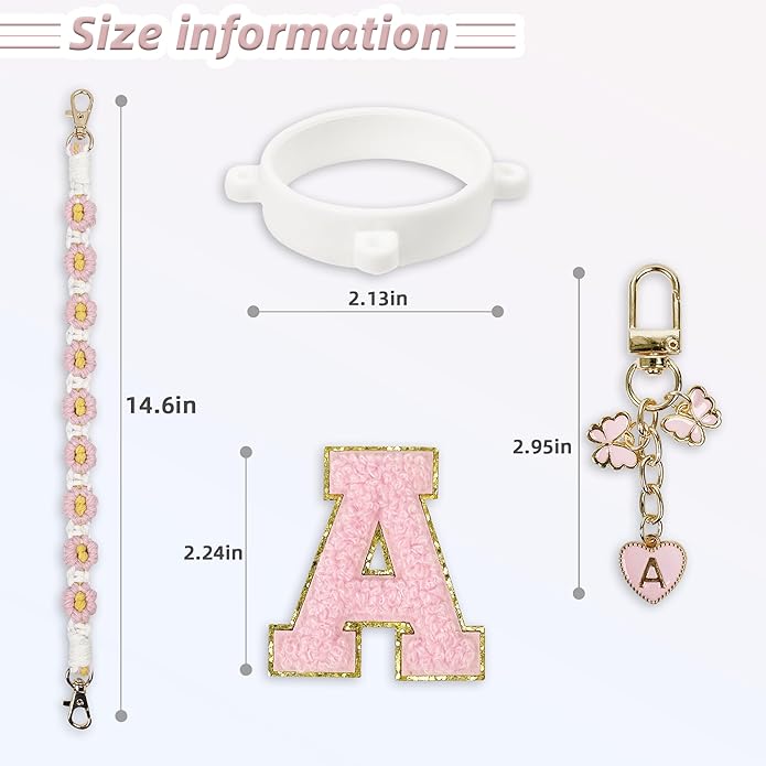 Compatible with Owala Water Bottle Accessories, Cute Letter Charm Set with Boho Handle Strap, Monogram Sticker, Silicone Ring, Keychain Decoration, for FreeSip 24 32 40oz, Owala Kids, Tumbler Gift