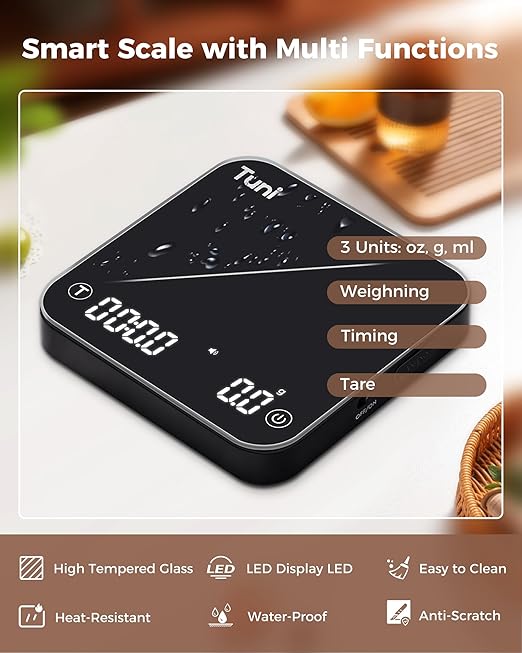 Tuni Rechargeable Mini Coffee Scale with Timer, 2kg/0.1g Accurate Espresso Scale for Espresso and Pour-Over Coffee, Portable Digital Kitchen Scale with Automatic Timing, Black