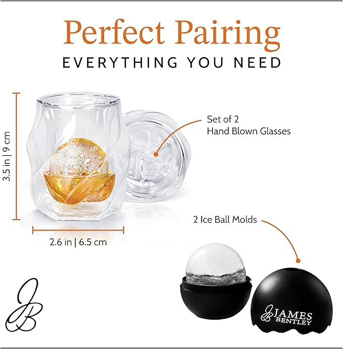 JAMES BENTLEY JB Whiskey Glasses – Double Wall, Hand Blown Borosilicate Glass, Enhances Aroma and Flavor, Premium Quality for Bourbon & Whiskey Tasting — Set of 2 Glasses with 2 Ice Ball Molds