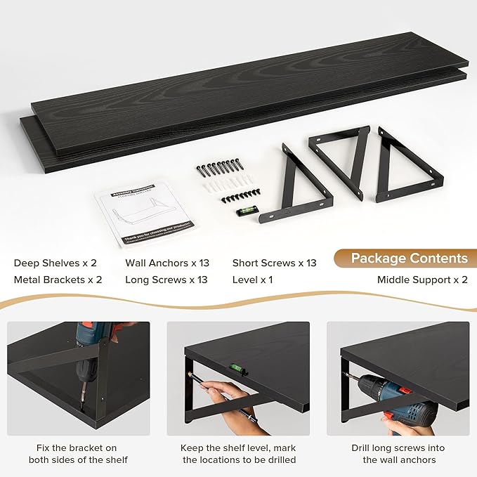 Deep Floating Shelves Wall Mounted, 55"x12" Black Wall Shelves with Brackets Set of 2 for Bedroom, Living Room, Bathroom, Kitchen, Office - Storage & Display Shelf for Decor, Books, Plants