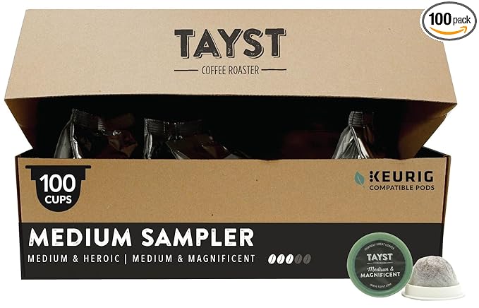 Tayst Coffee Pods, Medium Sampler Box Medium Roast, K Cups Compatible with Keurig Coffee Maker, Sustainable Single Serve, Pack of 100