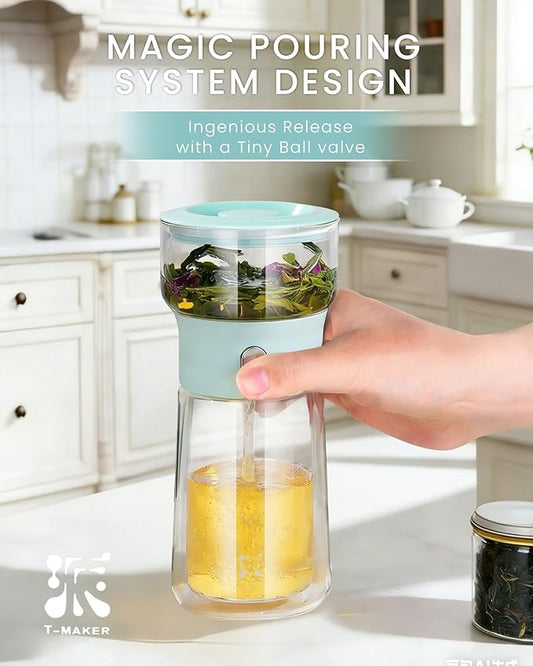 ZENS Modern Glass Tea Infuser Teapot, Smart One Touch Tea Maker for Loose Tea Diffusers with Insulated Mug and Cute Portable Tea Kits for Tea Lover Gifts