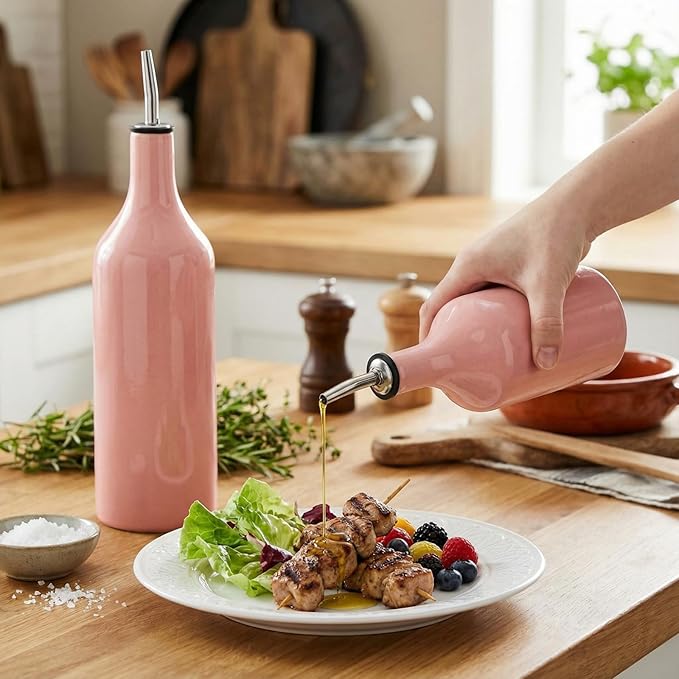 Set of 2 Ceramic Pink Olive Oil Dispenser Bottle for Kitchen with Stainless Steel Spout Large Capacity for Storage of Oil, Vinegar, Coffee Syrups & Other Liquids