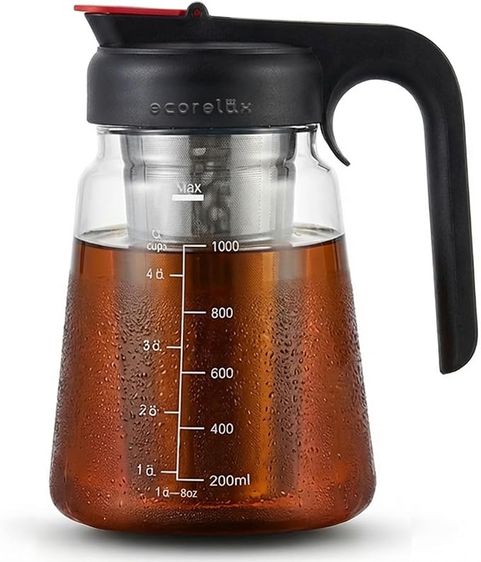 ECORELAX Cold Brew Coffee Maker,High Transparency Borosilicate Glass Container with Stainless Steel Filter, Iced Tea Pitcher with Lid,Modern Style, Ergonomic Handle,Spill-proof Lid (Black, 1L/32oz)