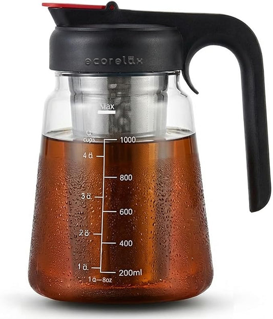 ECORELAX Cold Brew Coffee Maker,High Transparency Borosilicate Glass Container with Stainless Steel Filter, Iced Tea Pitcher with Lid,Modern Style, Ergonomic Handle,Spill-proof Lid (Black, 1L/32oz)
