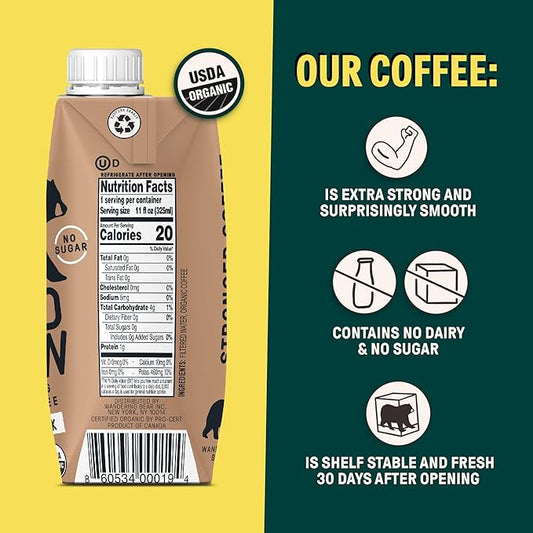 Wandering Bear Straight Black Organic Cold Brew Coffee On-the-Go - Extra Strong, Bold, Smooth, Unsweetened, Shelf-Stable, Ready to Drink, 100% Organic Iced Cold Brewed Coffee Drink -11 fl oz, 12 pack