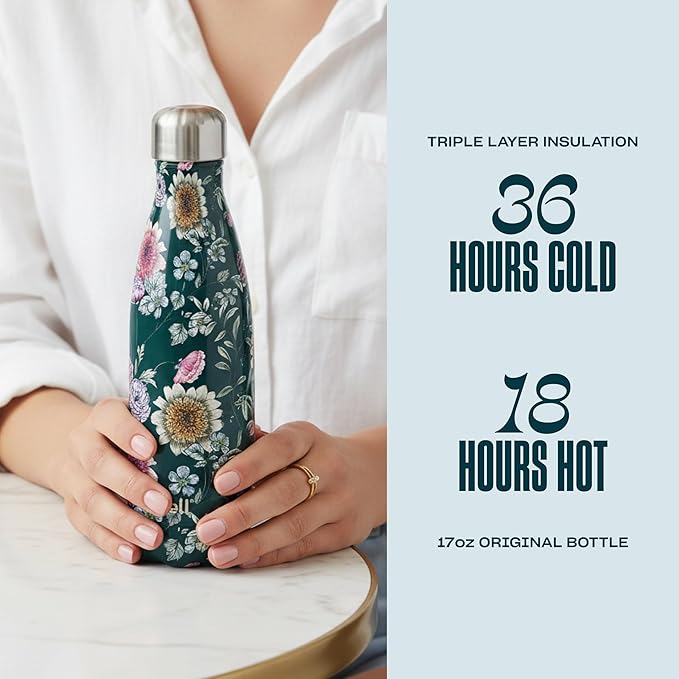 S'well Stainless Steel Water Bottle, 17oz, Midnight Botanical, Triple Layered Vacuum Insulated Containers Keeps Drinks Cold for 36 Hours and Hot for 18, BPA Free, Perfect for On the Go