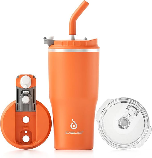 Ideus Insulated Tumbler with Lid and Straw 18 oz, Stainless Steel Double-Wall Vacuum Leak-Proof Travel Coffee Mug, Cup Holder Friendly, Orange Tiger