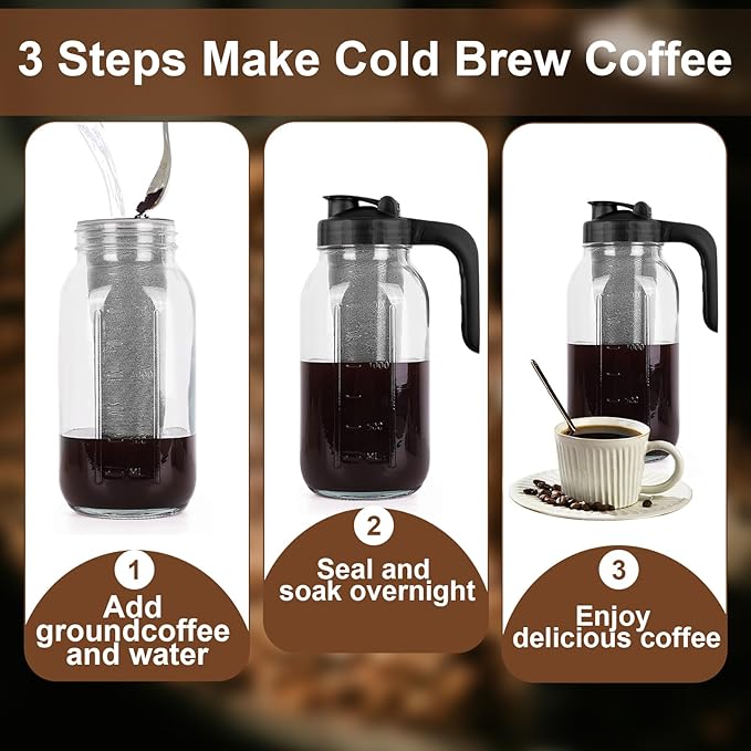 Cupluw Cold Brew Coffee Maker Pitcher,32 Oz Glass Mason Jar Pitcher with V-shaped Pour Spout Handle Lid,Stainless Steel Filter for Iced Coffee,Iced tea,Breast Milk,Fruit Drinks,lemonade-Black