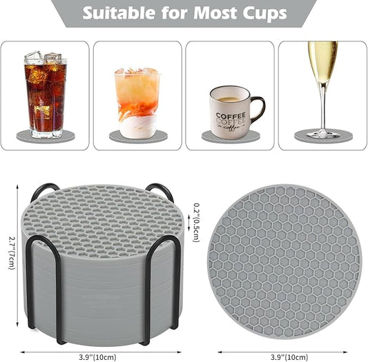 Silicone Coasters Set of 8 with Holder,Coasters for Drinks,Beer,Coffee Coasters,Suitable for Kinds Cups,Hot or Cold,Anti-SLI,Non-Stick,Anti-Overflow Tabletop Protection and Decor (12 Pcs, Gray)