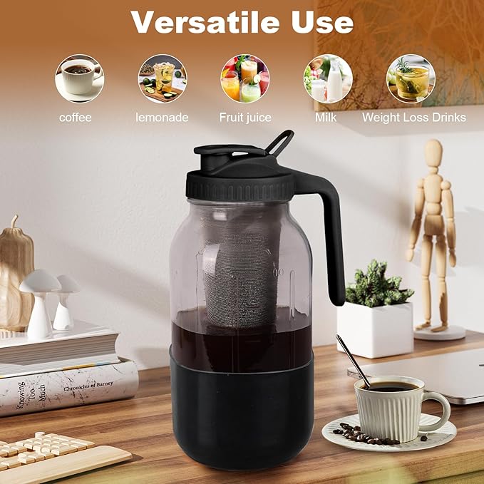 Cold Brew Coffee Maker, 64oz Mason Jar Pitcher with Stainless Steel Filter, Leak-Proof Lid with Pour Spout & Handle, Heavy Duty Glass Iced Coffee Tea Brewer with Protective Silicone Sleeve-Black