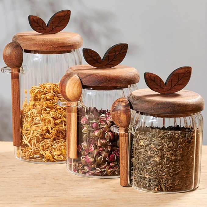 ANSQU 2 Pack Glass Jars with Wooden Lids and Spoons, 20.3oz Glass Food Storage Containers Coffee Jar Coffee Grounds Container, Coffee Canister holds up to 7.4oz Coffee Beans