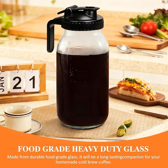 64oz Wide Mouth Mason Jar Pitcher with Handle & Flip Lid, Heavy Duty Glass Cold Brew Coffee Maker, Airtight Leak-Proof Pitcher for Iced Tea, Juice, Lemonade