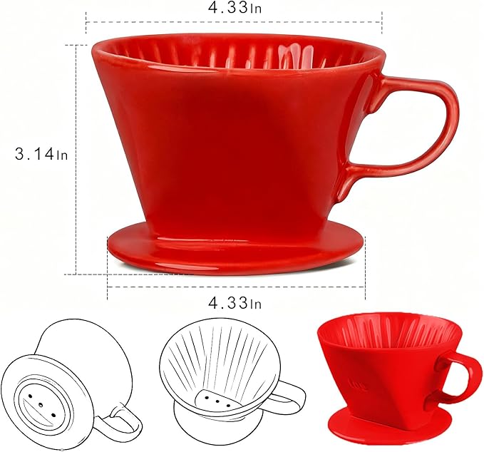 Handmade Pour Over Ceramic Coffee Dripper - Authentic Brewing Experience for Camping, Office, and Home (Red)