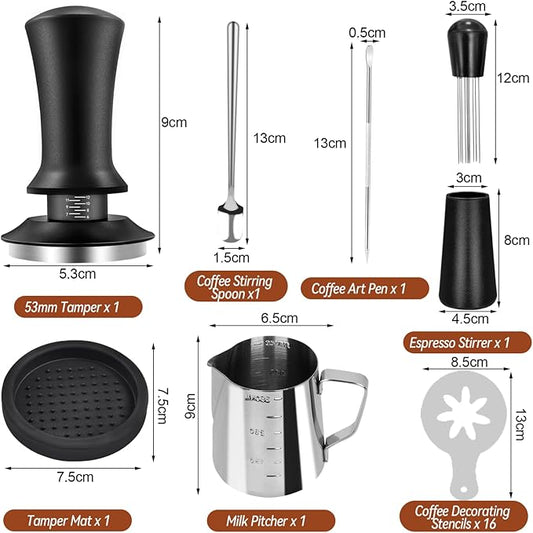 53mm Espresso Hand Tamper, 22 PCS Coffee Tamper Set, Espresso Accessories with 53mm Espresso Tamper, WDT Tool, Frothing Pitcher, Latte Art Pen, Coffee Stirrer, Tamper Mat, 16 Coffee Stencils