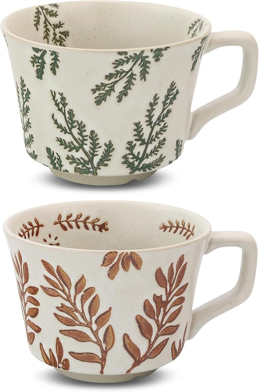 LINVIA Ceramic Coffee Mug, 12 oz Novelty Unique Teacup with Handle, Stoneware Cup for Tea Mocha Latte Cappuccino Espresso (Set of 2, Ivy and Leaf)