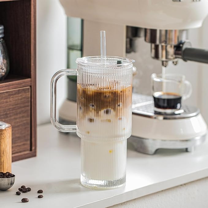 INSETLAN 26oz Ribbed Glass Tumbler with Handle & Lid – 4-Pack Large Iced Coffee Cups with Straws, Modern Glass Mug for Cold & Hot Beverages, Aesthetic Travel Cup for Smoothies, Tea, and Juice
