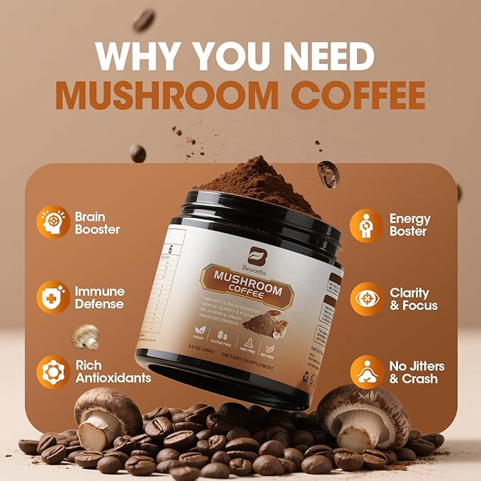 250g Mushroom Coffee - Lion's Mane Mushroom Instant Coffee Powder with Lions Mane, Reishi, Chaga, Cordyceps, Turkey Tail - Mushroom Alternative Coffe for Energy, Mental Clarity & Focus, Brain Booster