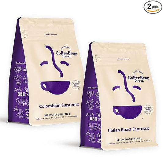 Coffee Bean Direct Classic Coffee Variety Bundle – Colombian & Italian Espresso, Whole Bean, 1 Pound Bags (Pack of 2)