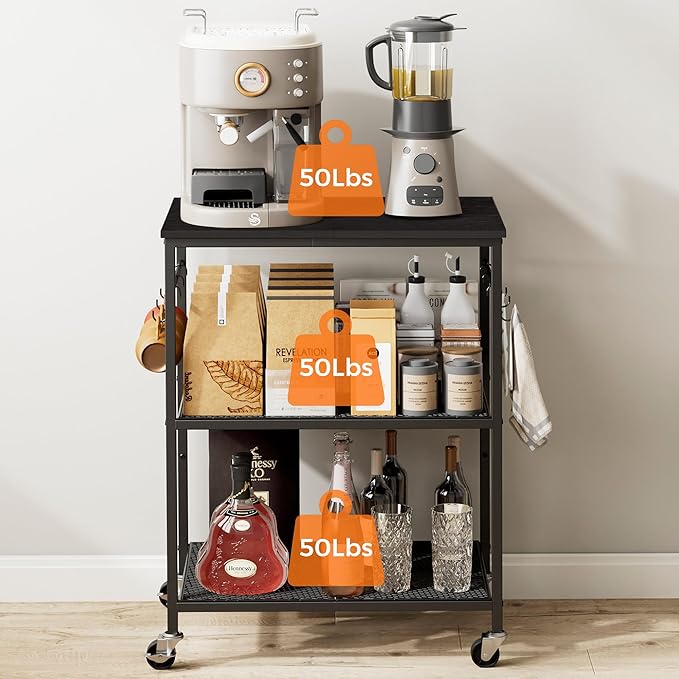 3-Tier Rolling Kitchen Microwave Cart, Kitchen Utility Cart on Lockable Wheels, Coffee Bar Table Station with 6 S-Shaped Hooks, Small Appliance Storage Shelf, Black