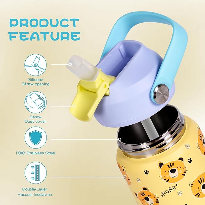 Kids Insulated Water Bottle with Straw Lid, 12 oz BPA-FREE Double Wall Vacuum Tumbler 18/8 Stainless Steel Leak Proof Kids Cups with Straw for School Travel Boys Girls (Tiger)