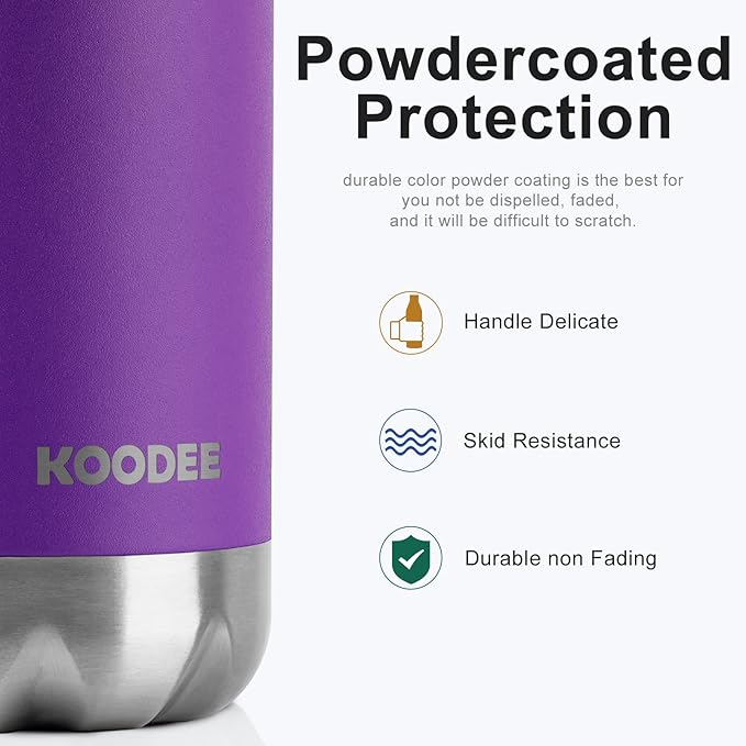 koodee 17 oz Stainless Steel Double Wall Vacuum Insulated Water Bottle,Kids Water Bottle for School, Cola Shape Leak Proof Sports Flask (Purple)