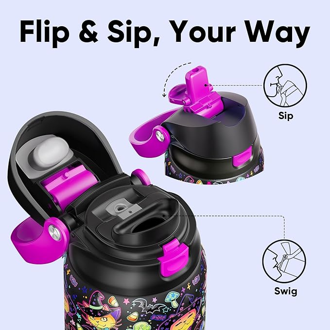 Encool SwiftSip Insulated Stainless Steel Water Bottle with Straw - Leak Proof Sports Water Bottle for School, Travel, Keeps Cold All Day, One-Touch Flip Lid, BPA-Free, 32 oz, Meowgic Night