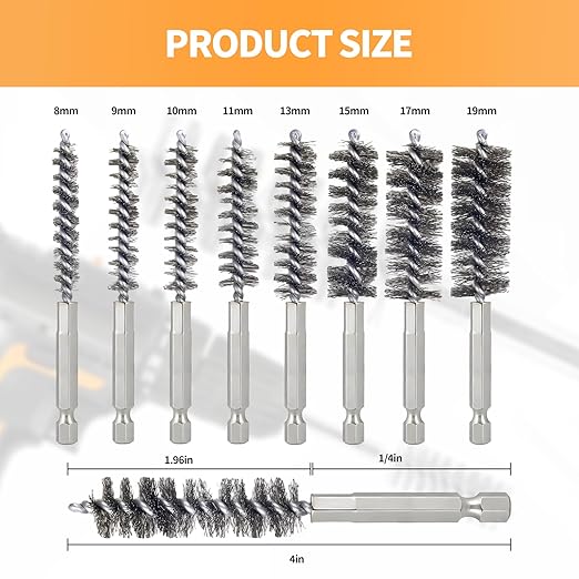 Bore Brush for Drill – 8pcs Stainless Steel Wire Tube Brush in Different Sizes, Twisted Wire Cleaning Brush with 1/4" Hex Shank, bore Brush Copper Pipe Cleaner for Power Drill & Tube Cleaning