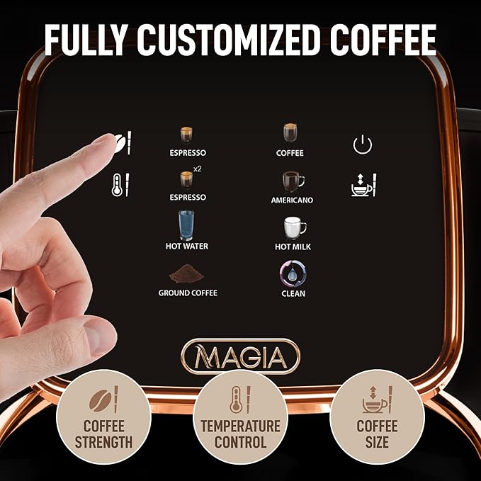 Zulay Kitchen Magia Clasica Automatic Espresso Machine with Built-In Grinder, Touch Panel Coffee Maker, Steam Wand Milk Frother, Adjustable Strength, Self-Cleaning, Black & Copper