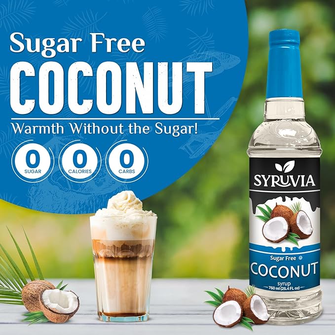 Syruvia Sugar Free Coffee Syrup, Coconut Flavored Syrup for Drinks, Lattes, and Desserts – 25.4 fl oz, With Pump