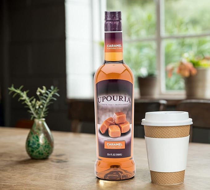 Upouria Caramel Coffee Syrup Flavoring, 100% Vegan, Gluten-Free, Kosher, 750ml bottle (Pack of 2) with Coffee Syrup Pump