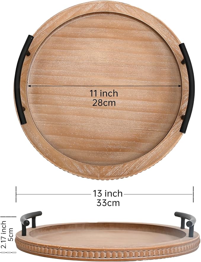 SwallowLiving Brown Wooden Beaded Serving Tray with Handle Decorative Rustic Tray for Coffee Table Farmhouse Round Tray for Kitchen, Living Room and Bedroom