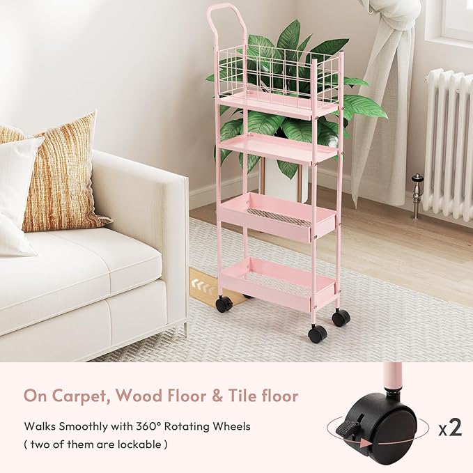 danpinera 4 Tier Slim Cart with Wheels, 7.7’’ Metal Skinny Rolling Storage Cart on Wheels for Kitchen, Bedroom, Office, Laundry Room, Small Narrow Spaces with Hooks and Cups, Pink